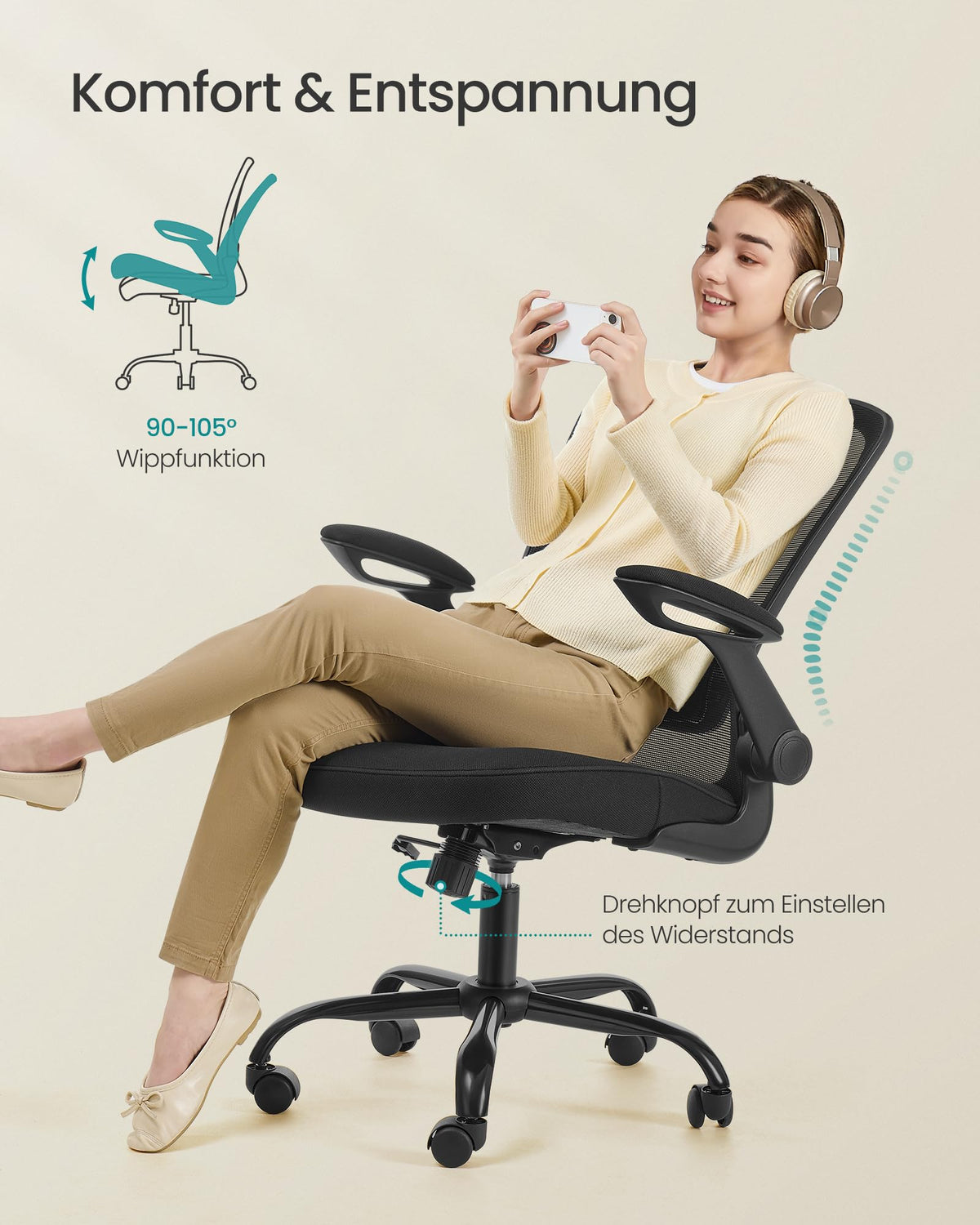 SONGMICS Ergonomischer Bürostuhl mit klappbaren Armlehnen, höhenverstellbar