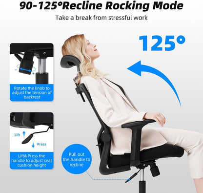 Daccormax Ergonomic Mesh Office Chair, Adjustable Headrest, Armrests, Lumbar Support, Reclining up to 135°, 150 kg Capacity