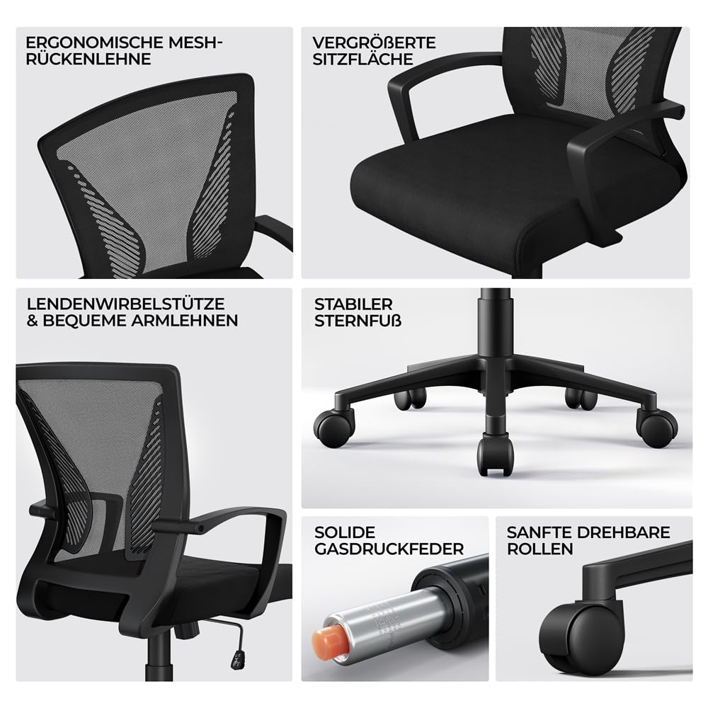 Yaheetech Bürostuhl Ergonomisch mit Netzbespannung Atmungsaktiv, Schwarz