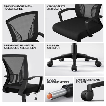 Yaheetech Bürostuhl Ergonomisch mit Netzbespannung Atmungsaktiv, Schwarz