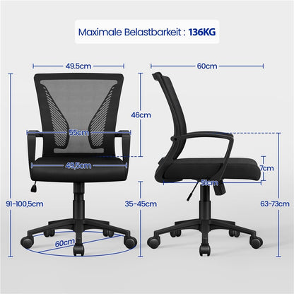 Yaheetech Bürostuhl Ergonomisch mit Netzbespannung Atmungsaktiv, Schwarz