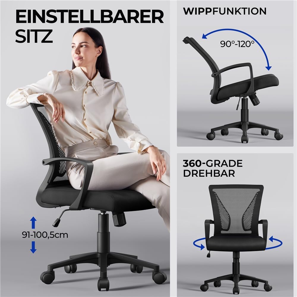Yaheetech Bürostuhl Ergonomisch mit Netzbespannung Atmungsaktiv, Schwarz