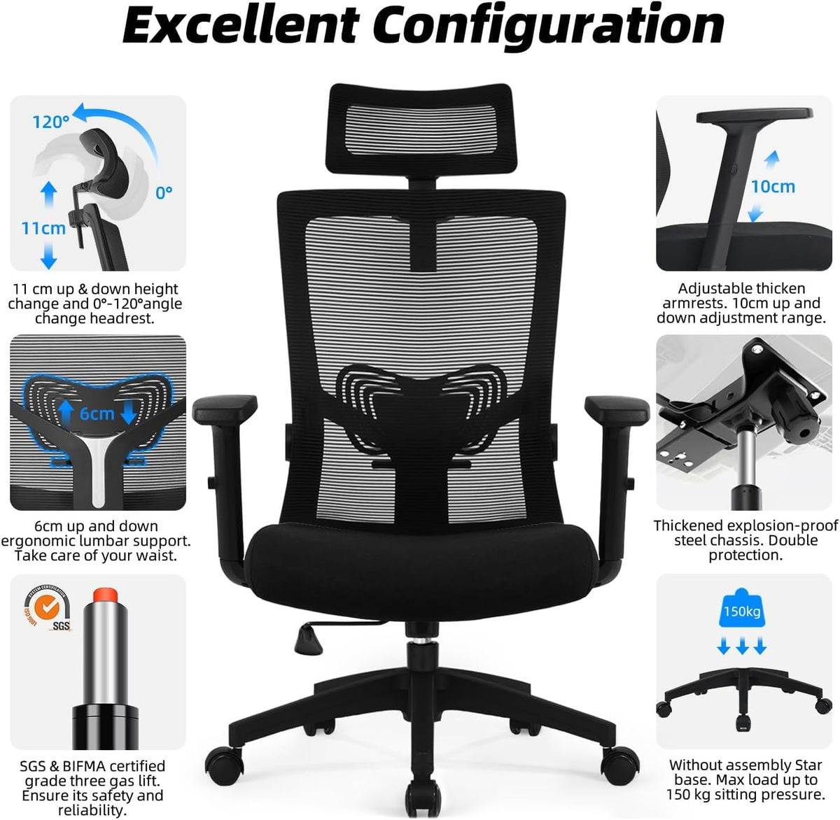Daccormax Ergonomic Mesh Office Chair, Adjustable Headrest, Armrests, Lumbar Support, Reclining up to 135°, 150 kg Capacity