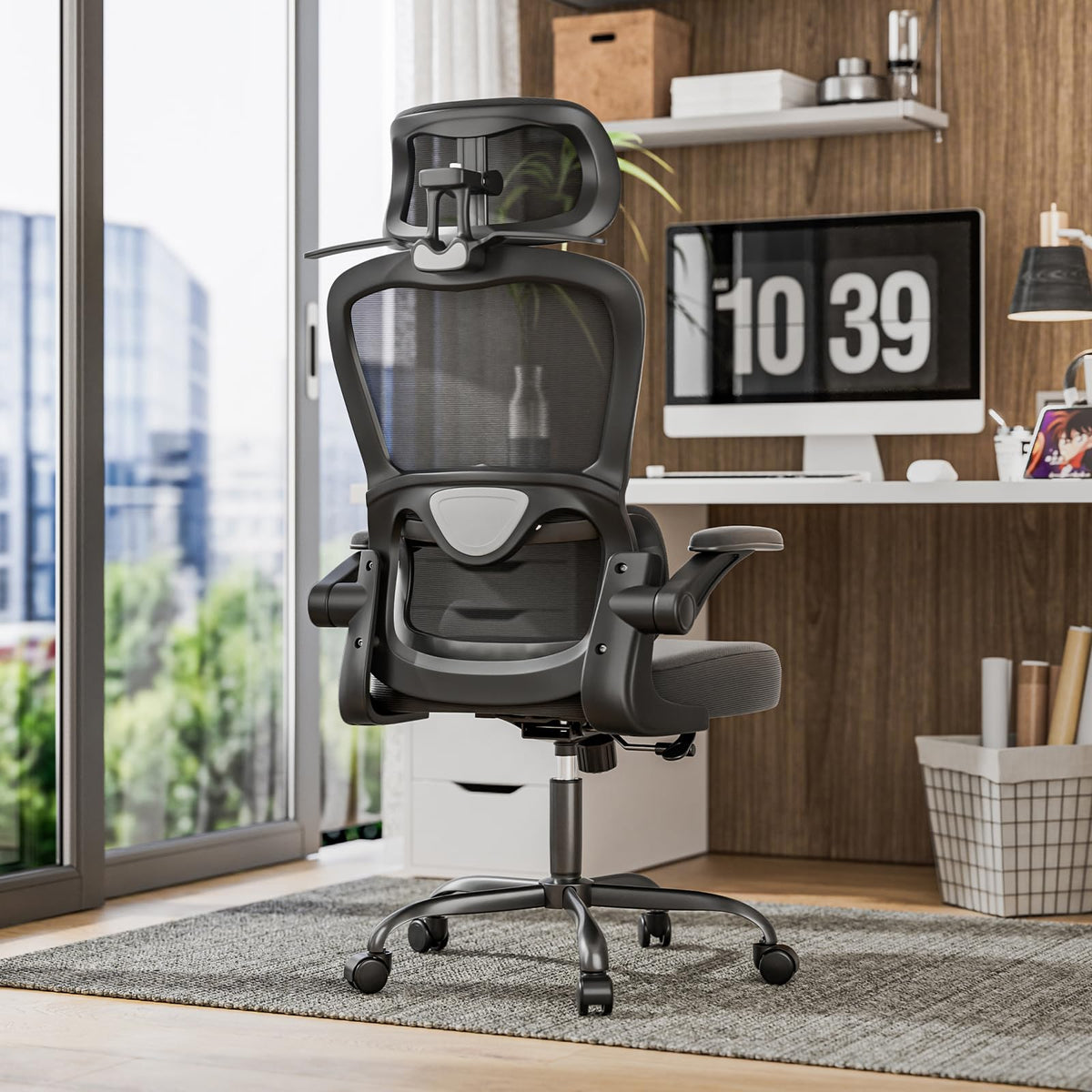 Farini Ergonomic Office Chair with Clothes Rack, Adjustable Headrest, Armrests, Wheels, Black