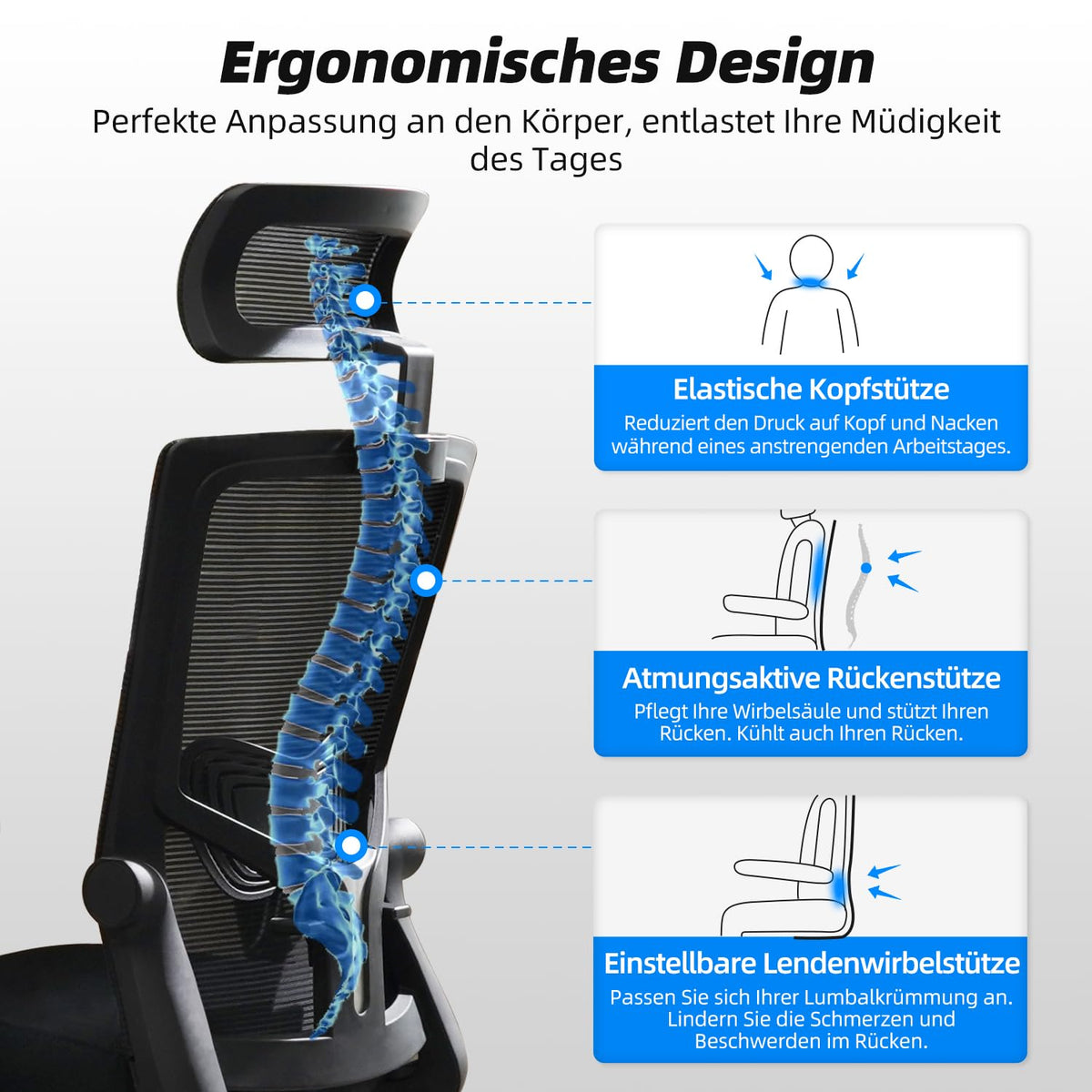 Daccormax Ergonomic Mesh Office Chair, Adjustable Headrest, Armrests, Lumbar Support, Reclining up to 135°, 150 kg Capacity