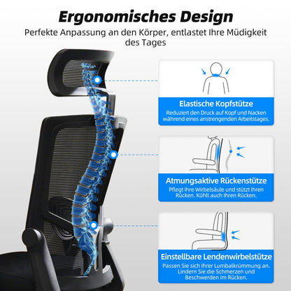 Daccormax Ergonomic Mesh Office Chair, Adjustable Headrest, Armrests, Lumbar Support, Reclining up to 135°, 150 kg Capacity