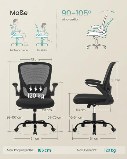 SONGMICS Ergonomischer Bürostuhl mit klappbaren Armlehnen, höhenverstellbar