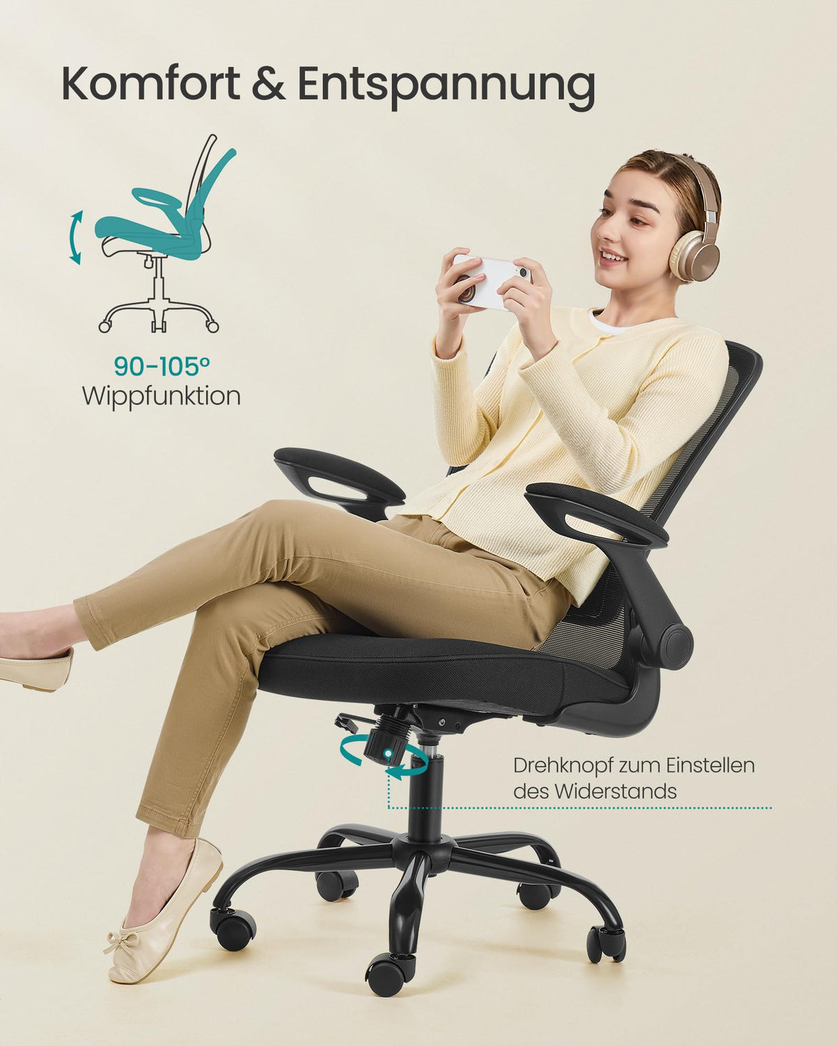 SONGMICS Ergonomischer Bürostuhl mit klappbaren Armlehnen, höhenverstellbar