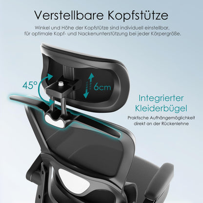 Farini Ergonomic Office Chair with Clothes Rack, Adjustable Headrest, Armrests, Wheels, Black