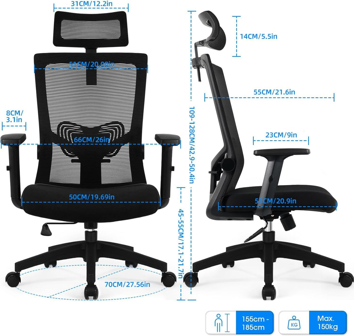 Daccormax Ergonomic Mesh Office Chair, Adjustable Headrest, Armrests, Lumbar Support, Reclining up to 135°, 150 kg Capacity