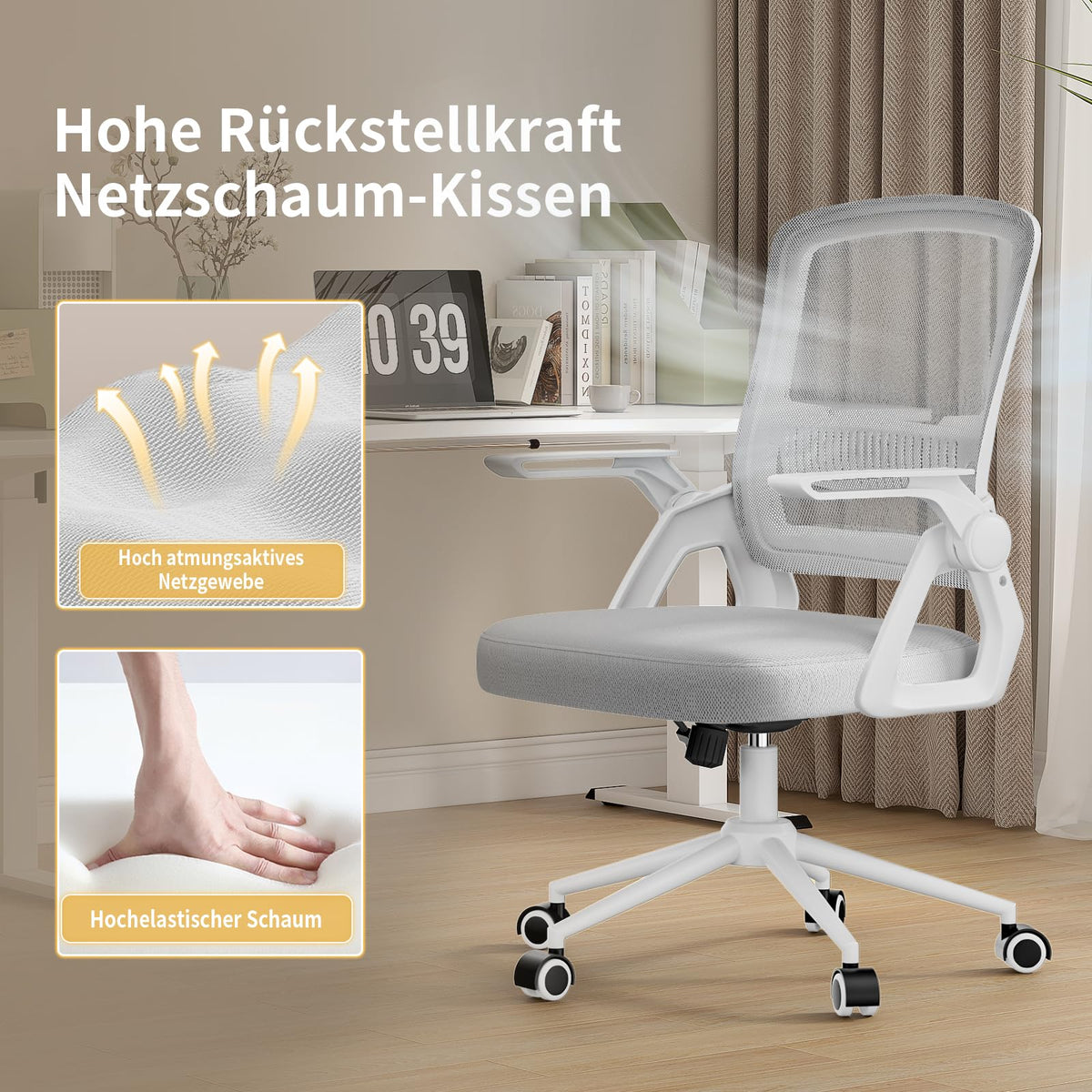 naspaluro Bürostuhl Ergonomisch mit Hochklappbare Armlehnen Grau