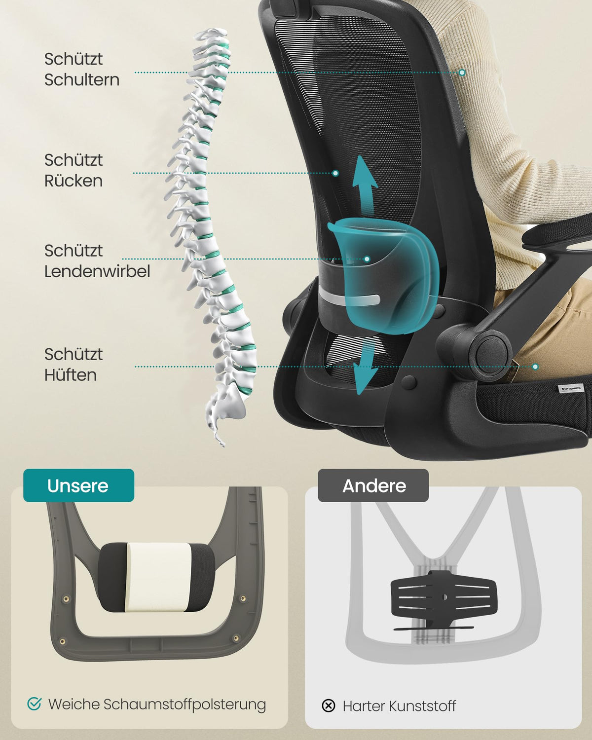SONGMICS Ergonomischer Bürostuhl mit klappbaren Armlehnen, höhenverstellbar