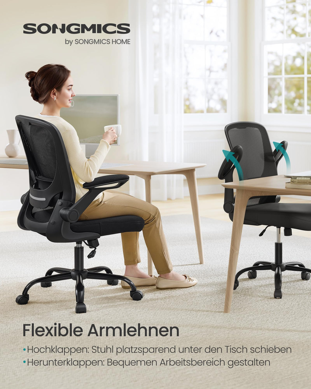 SONGMICS Ergonomischer Bürostuhl mit klappbaren Armlehnen, höhenverstellbar